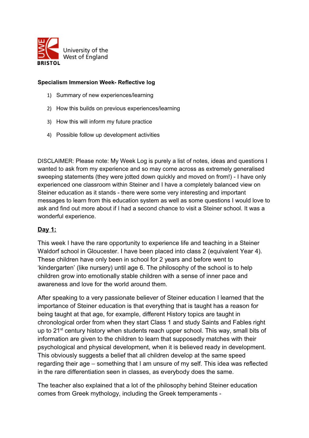 Specialism Immersion Week- Reflective Log