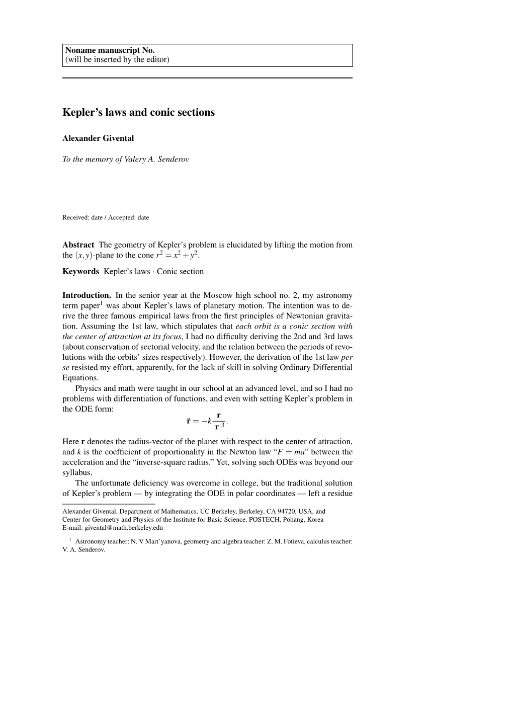 Kepler's Laws and Conic Sections