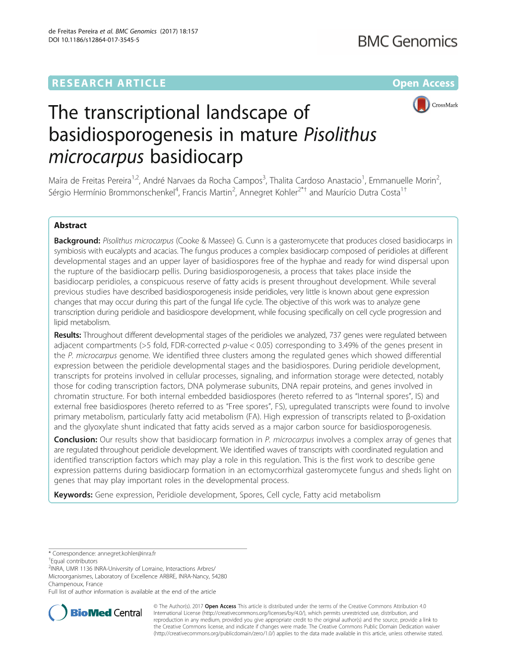 The Transcriptional Landscape of Basidiosporogenesis in Mature Pisolithus Microcarpus Basidiocarp