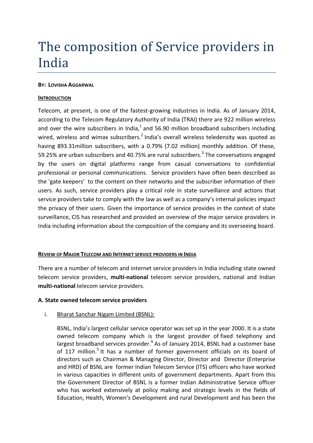 The Composition of Service Providers in India