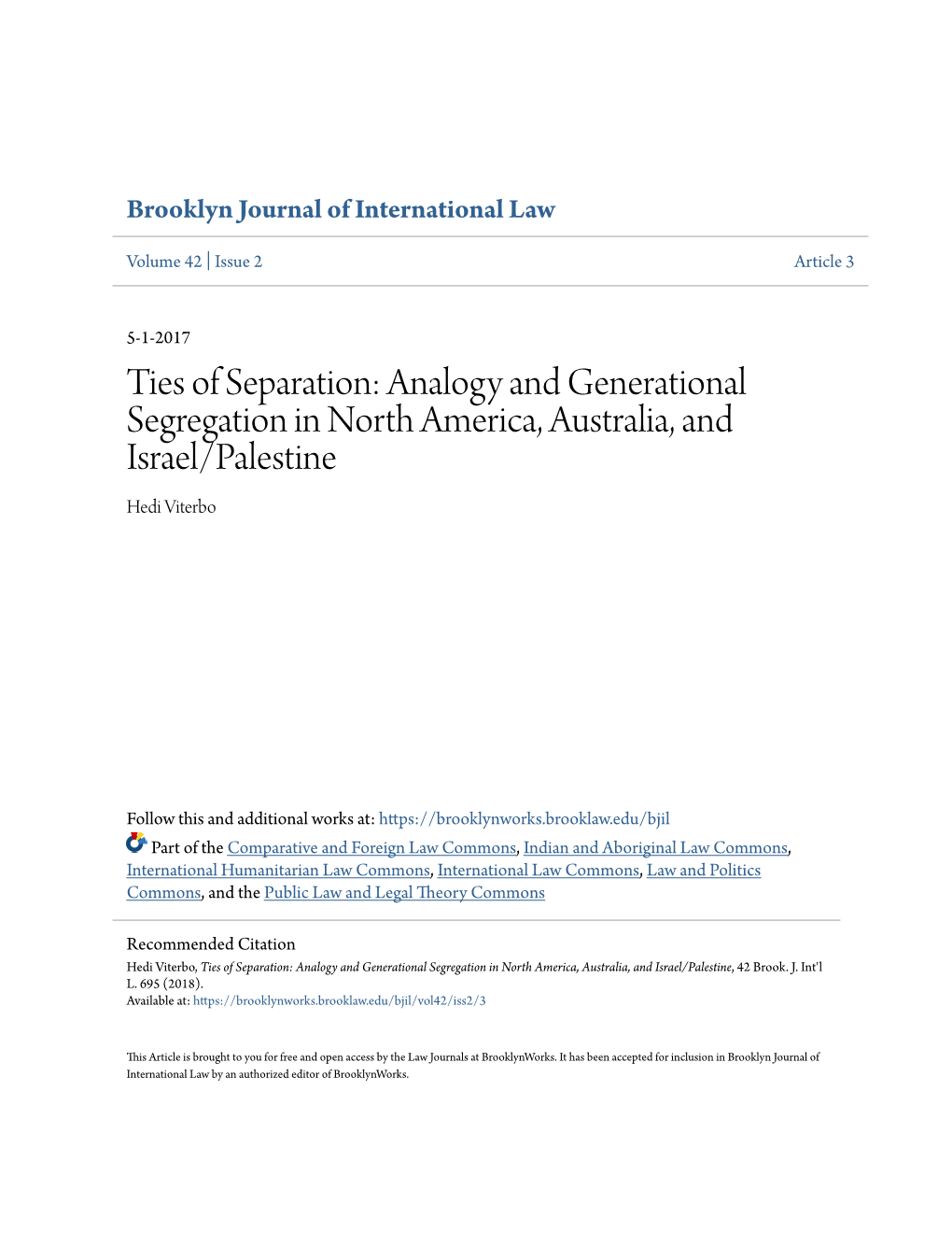 Ties of Separation: Analogy and Generational Segregation in North America, Australia, and Israel/Palestine Hedi Viterbo