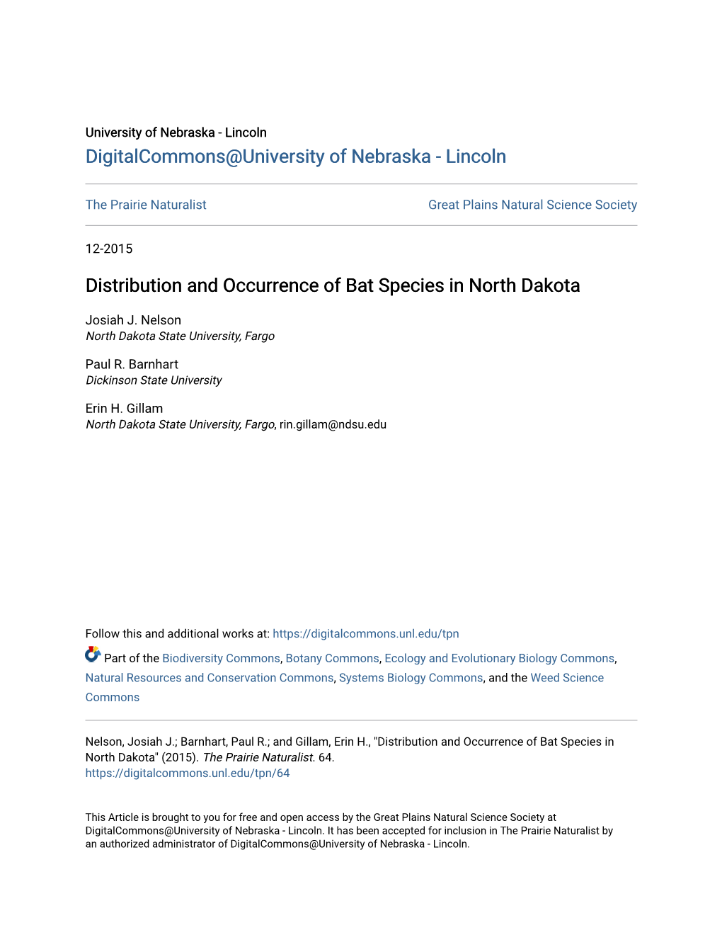 Distribution and Occurrence of Bat Species in North Dakota