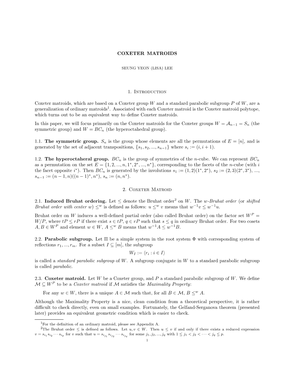 COXETER MATROIDS 1. Introduction Coxeter Matroids, Which Are Based