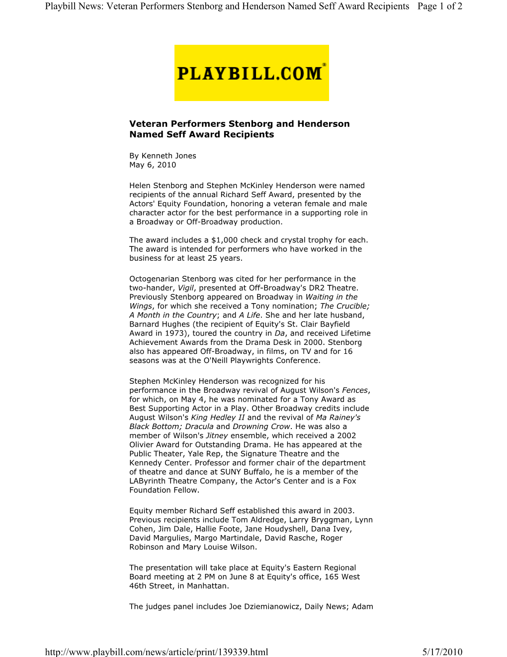 Page 1 of 2 Playbill News: Veteran Performers Stenborg And