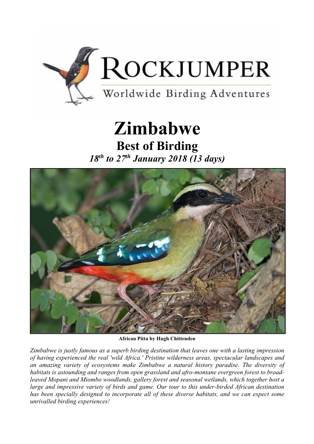 Zimbabwe Best of Birding 18Th to 27Th January 2018 (13 Days)