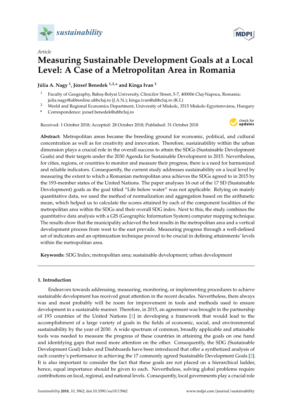 Measuring Sustainable Development Goals at a Local Level: a Case of a Metropolitan Area in Romania