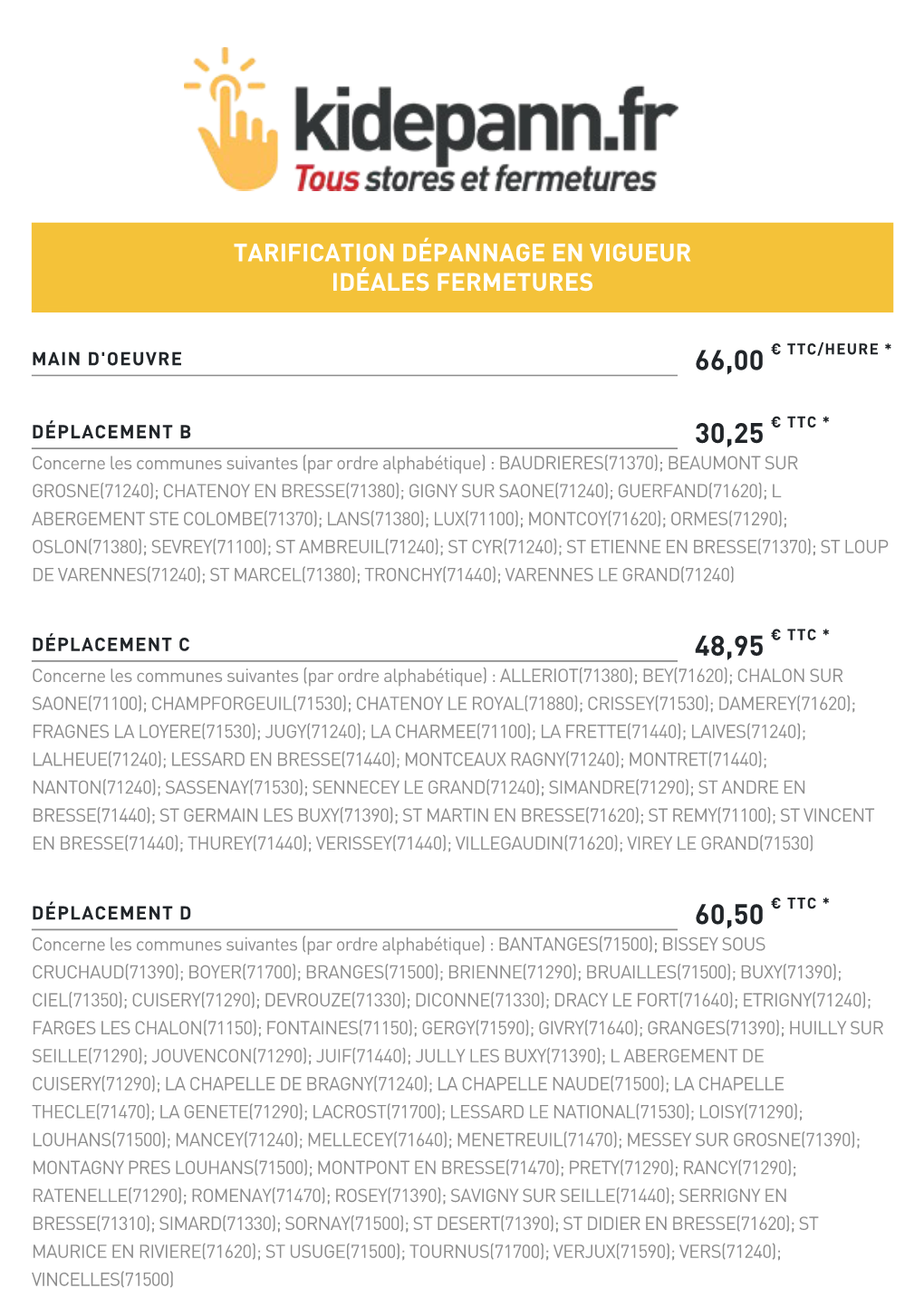 Tarification Dépannage En Vigueur Idéales Fermetures