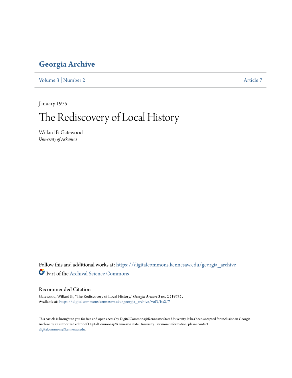 The Rediscovery of Local History Willard B