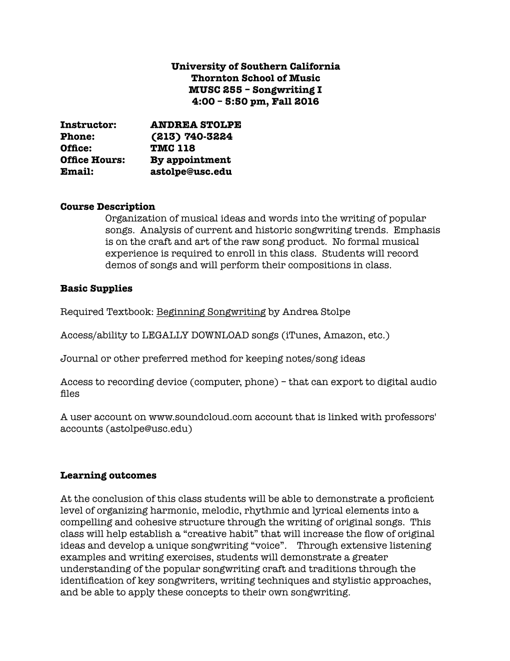 Songwriting I 4:00 – 5:50 Pm, Fall 2016 Instructor