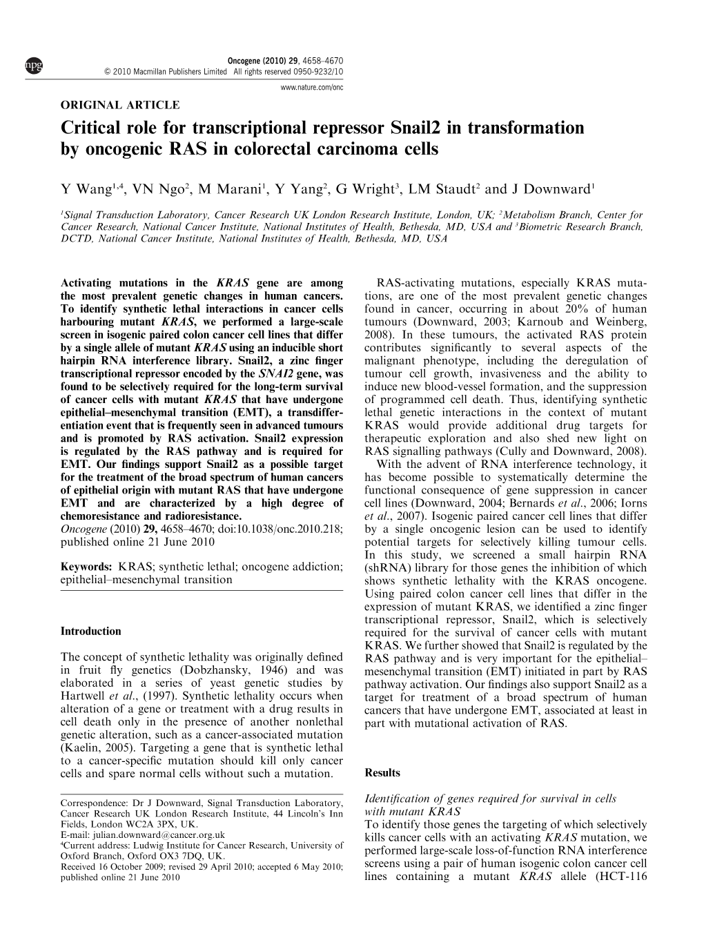 Critical Role for Transcriptional Repressor Snail2 in Transformation by Oncogenic RAS in Colorectal Carcinoma Cells