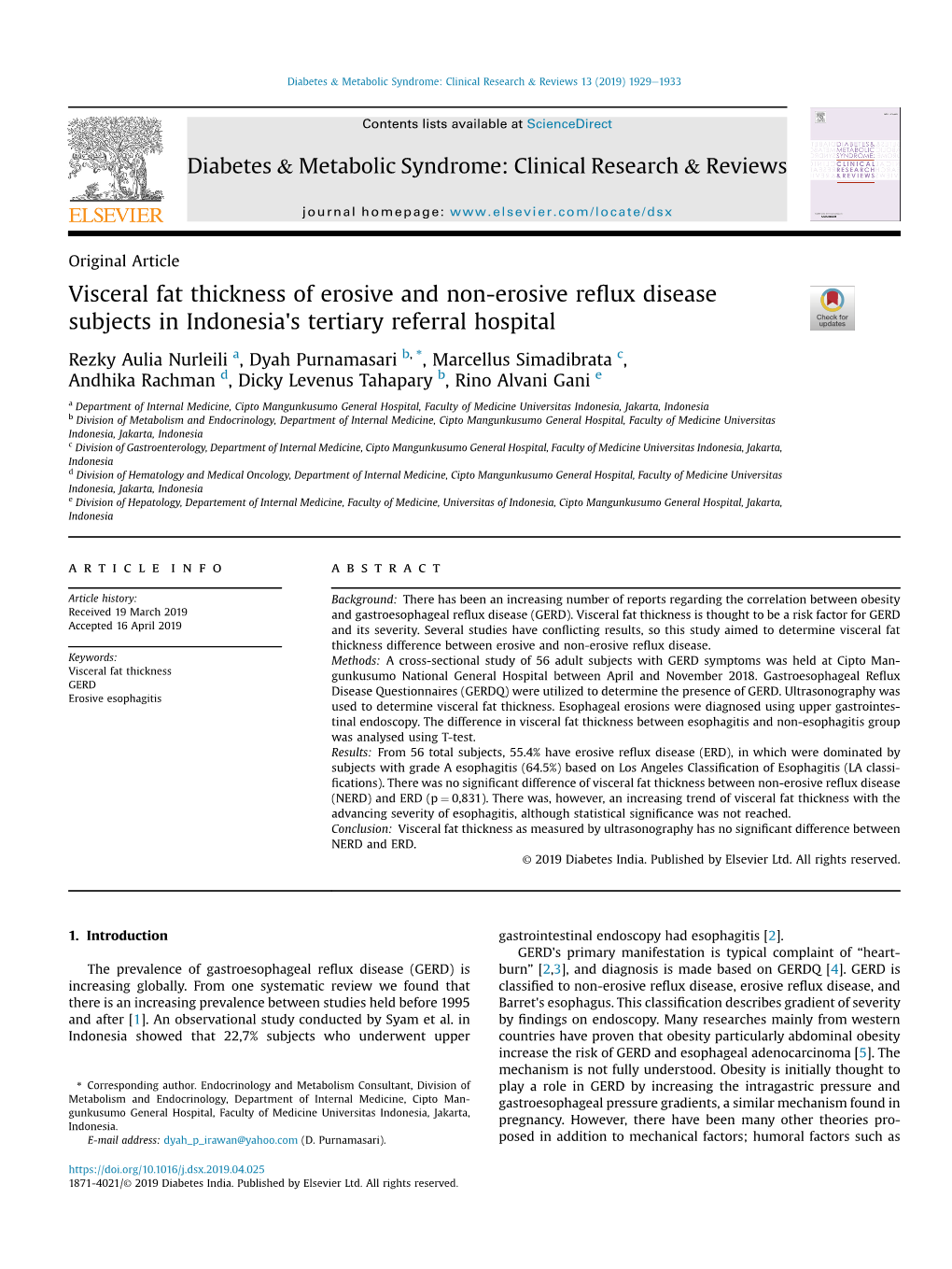 Visceral Fat Thickness of Erosive and Non-Erosive Reflux Disease Subjects