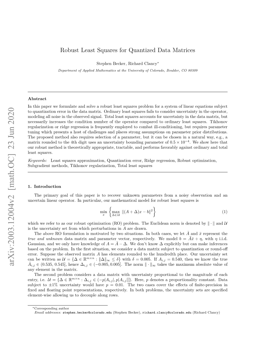 Arxiv:2003.12004V2 [Math.OC] 23 Jun 2020 Ai,J ∈ (0.535, 0.545], Hence ∆I,J ∈ (−0.005, 0.005]