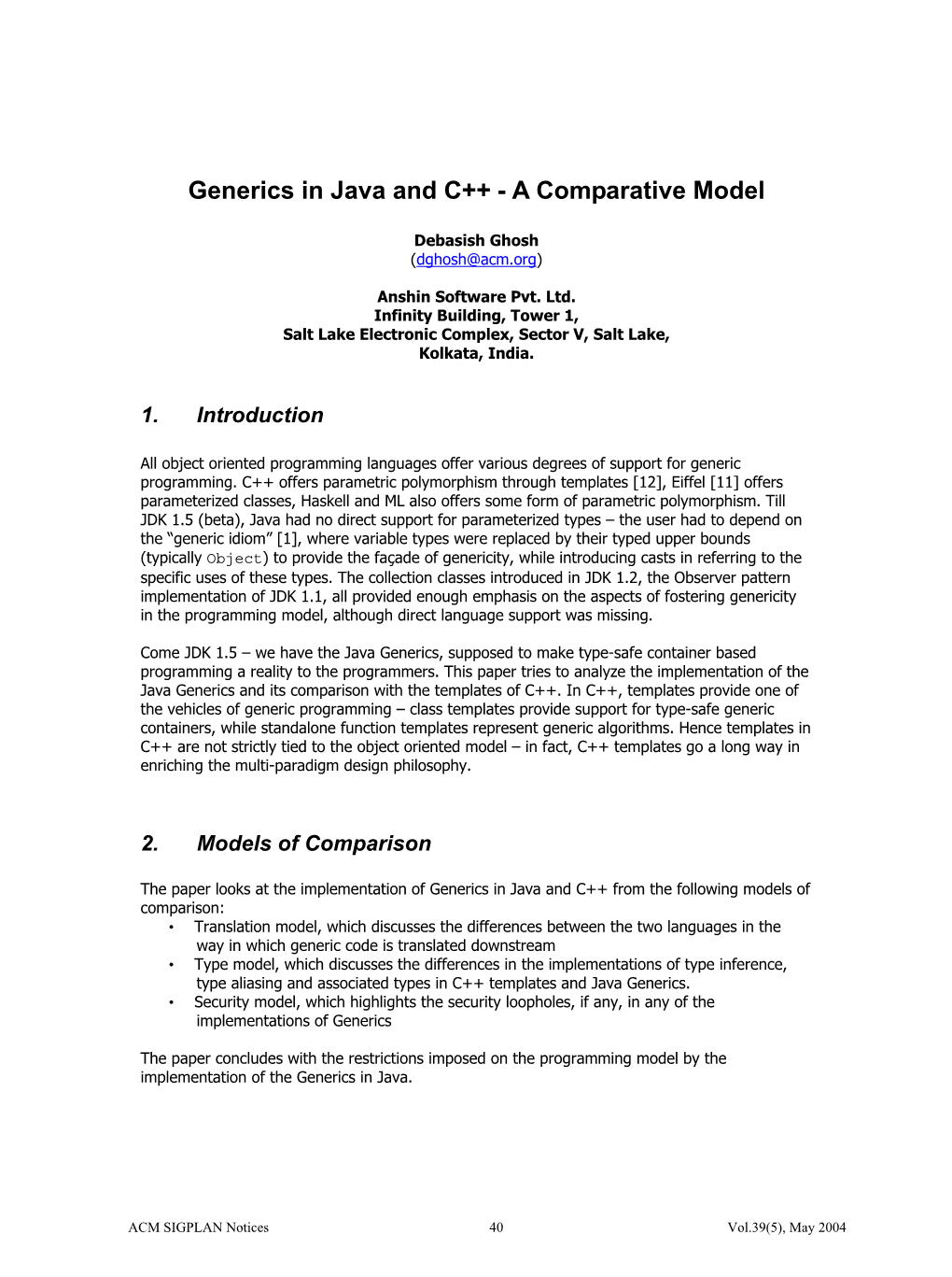 Generics in Java and C++ - a Comparative Model