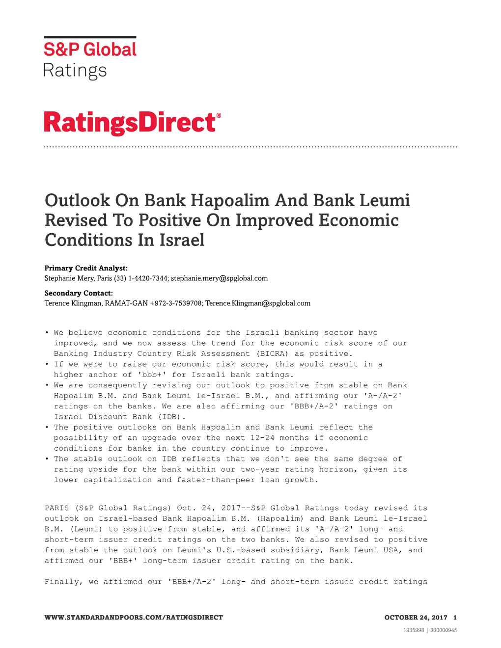 Outlook on Bank Hapoalim and Bank Leumi Revised to Positive on Improved Economic Conditions in Israel