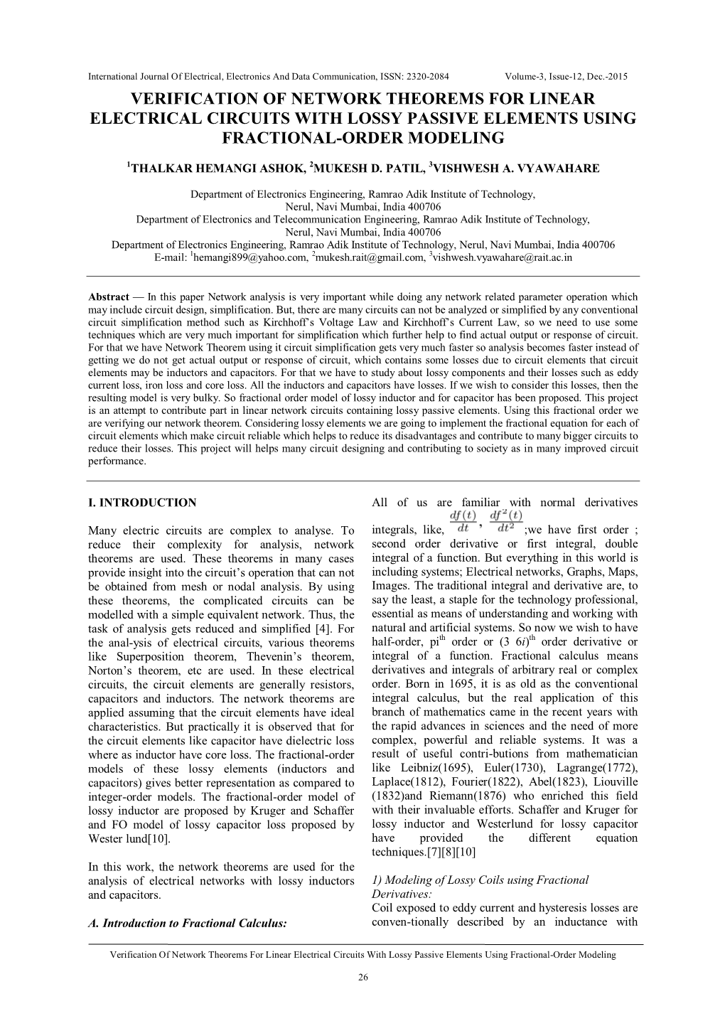 Verification of Network Theorems for Linear Electrical Circuits with Lossy Passive Elements Using Fractional-Order Modeling