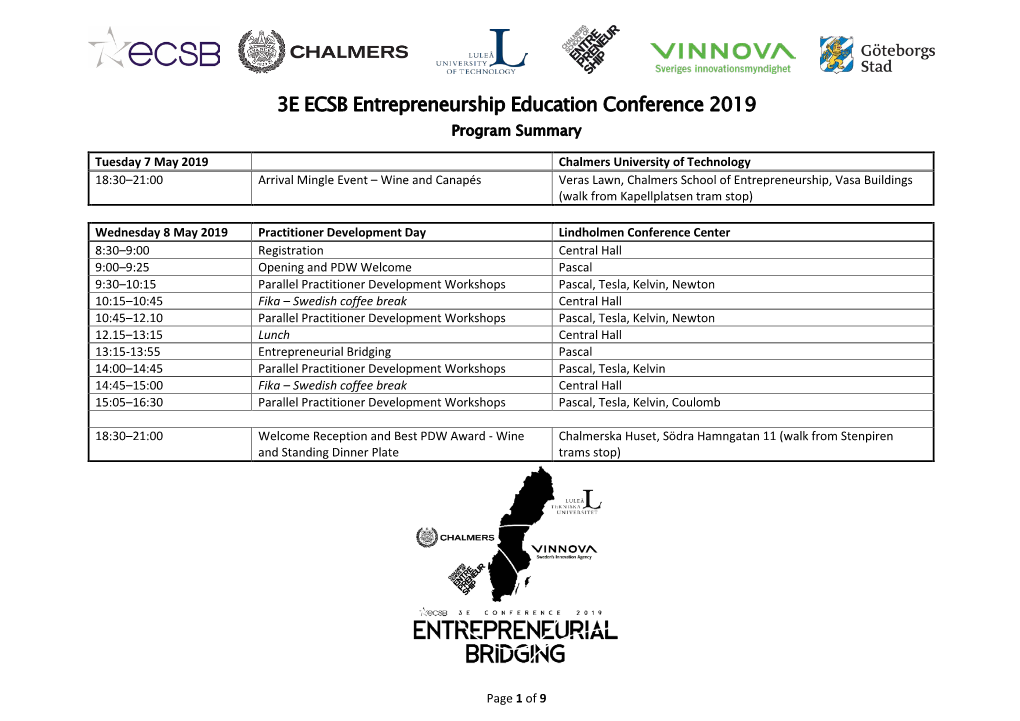 3E ECSB Entrepreneurship Education Conference 2019 Program Summary