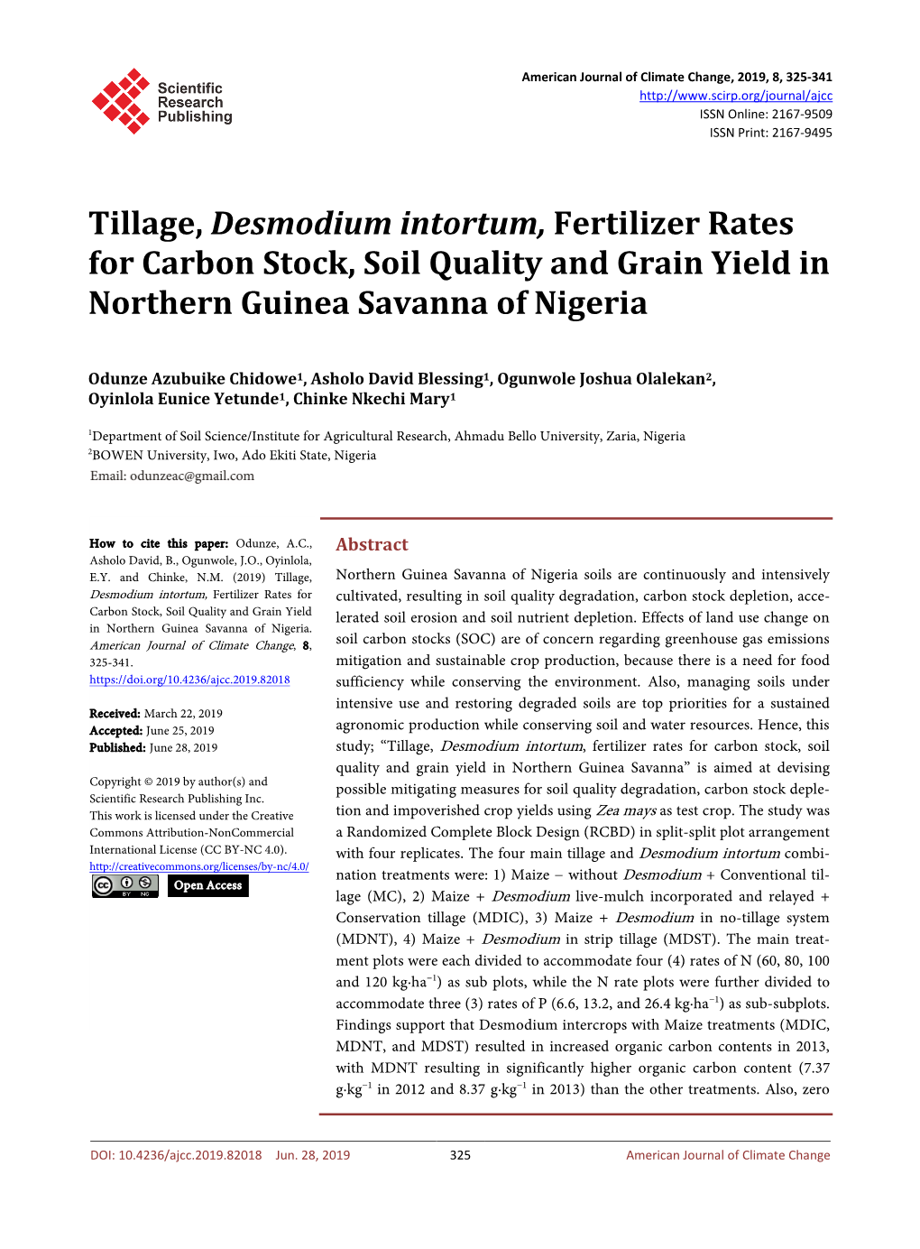 Tillage, Desmodium Intortum, Fertilizer Rates for Carbon Stock, Soil Quality and Grain Yield in Northern Guinea Savanna of Nigeria