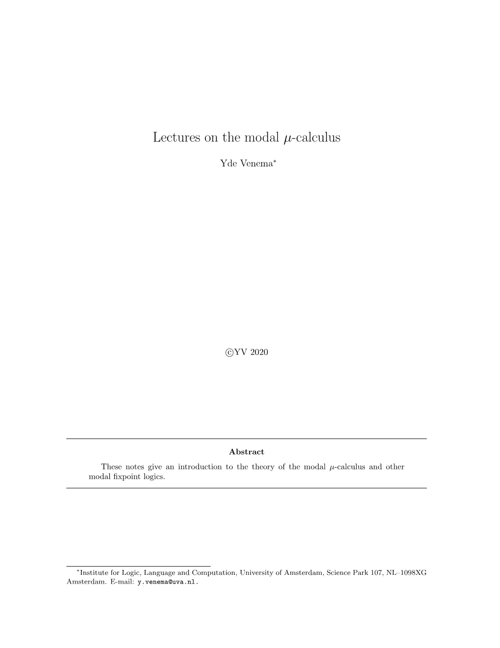 Lectures on the Modal Μ-Calculus