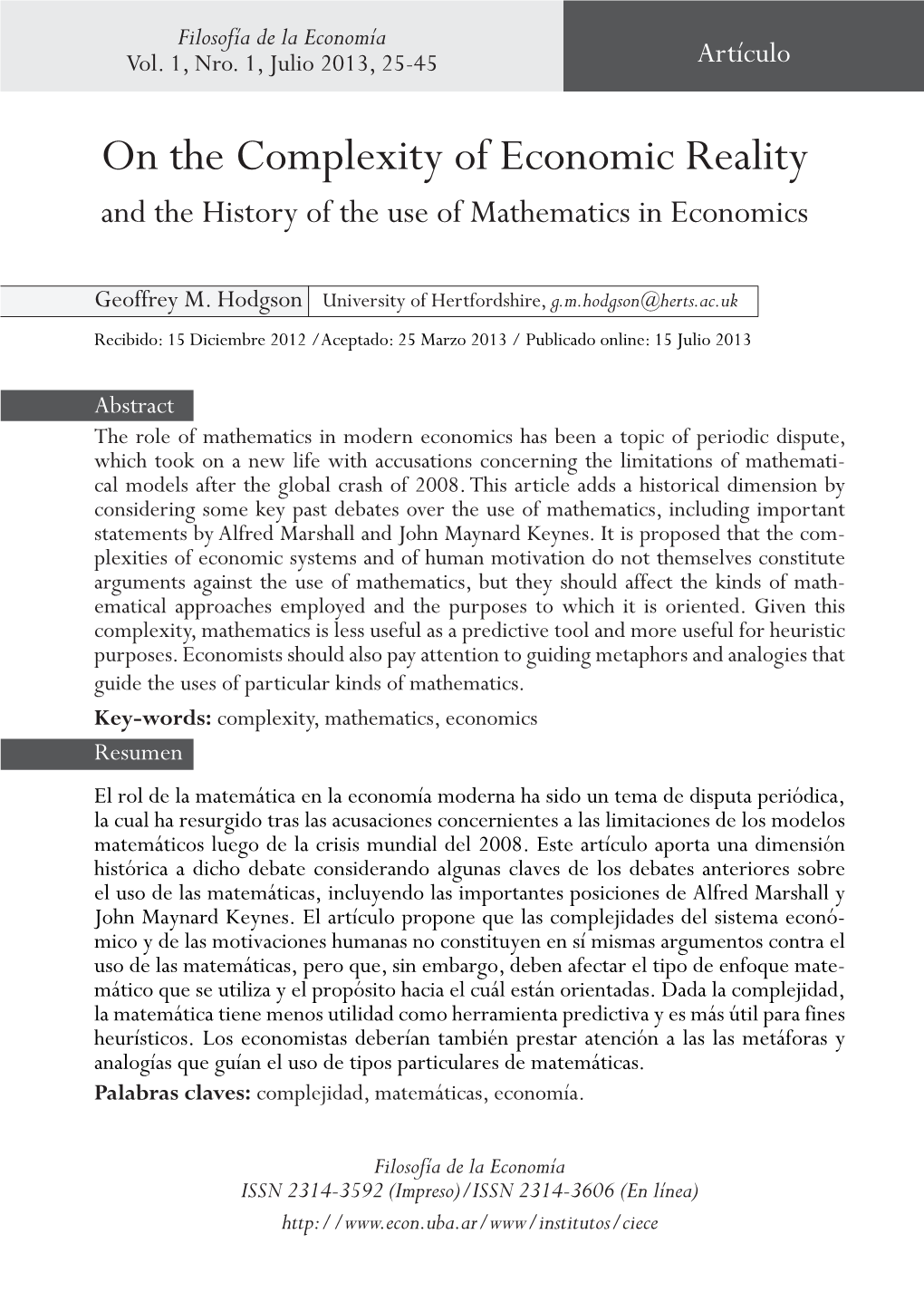 On the Complexity of Economic Reality and the History of the Use of Mathematics in Economics