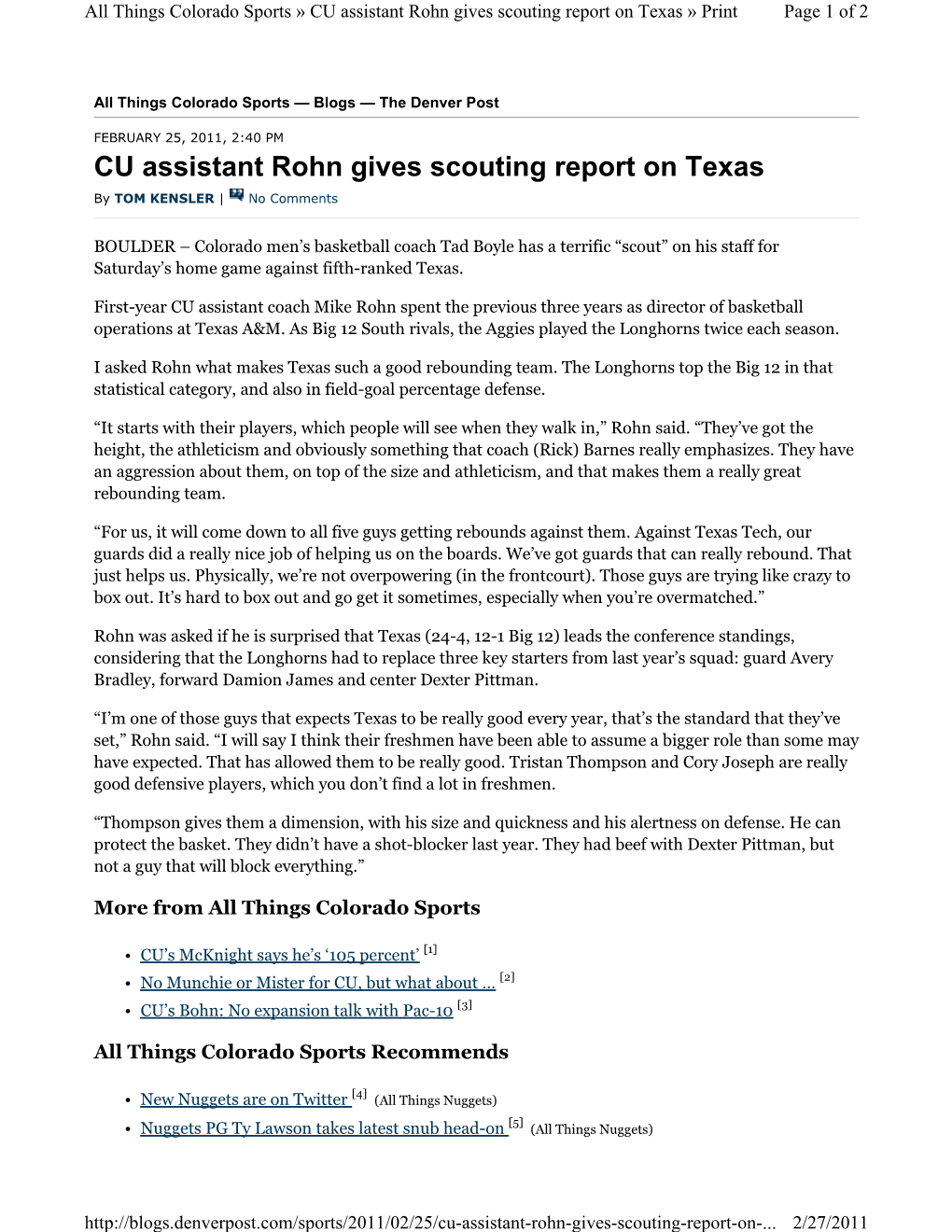 CU Assistant Rohn Gives Scouting Report on Texas » Print Page 1 of 2