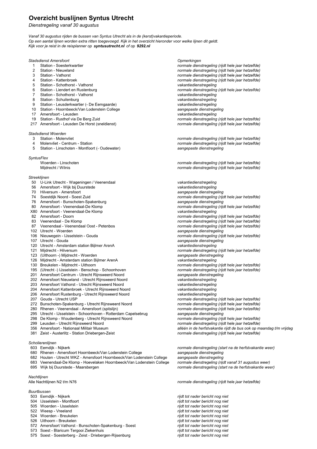 Overzicht Buslijnen Syntus Utrecht Dienstregeling Vanaf 30 Augustus