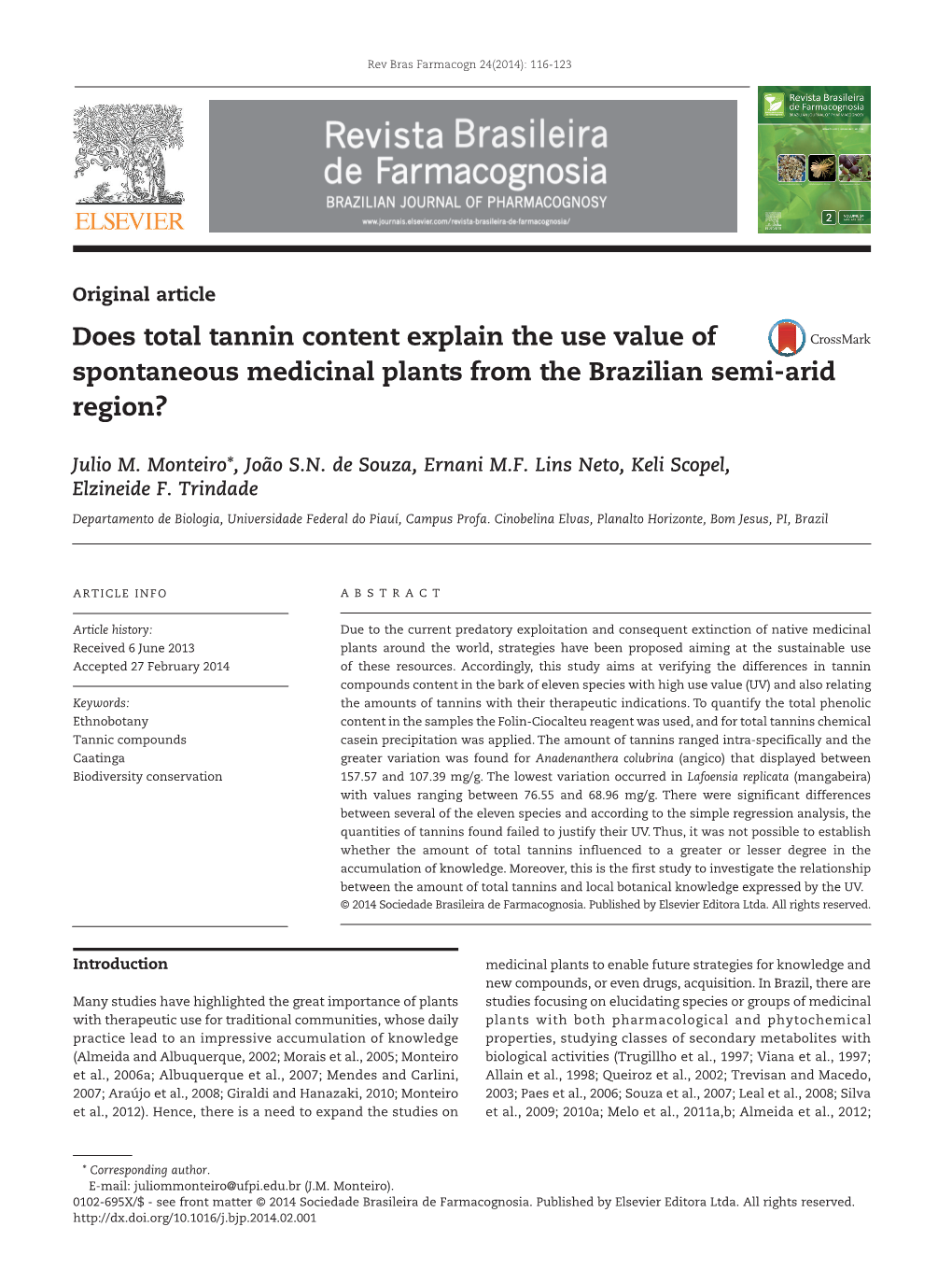 Does Total Tannin Content Explain the Use Value of Spontaneous Medicinal Plants from the Brazilian Semi-Arid Region?