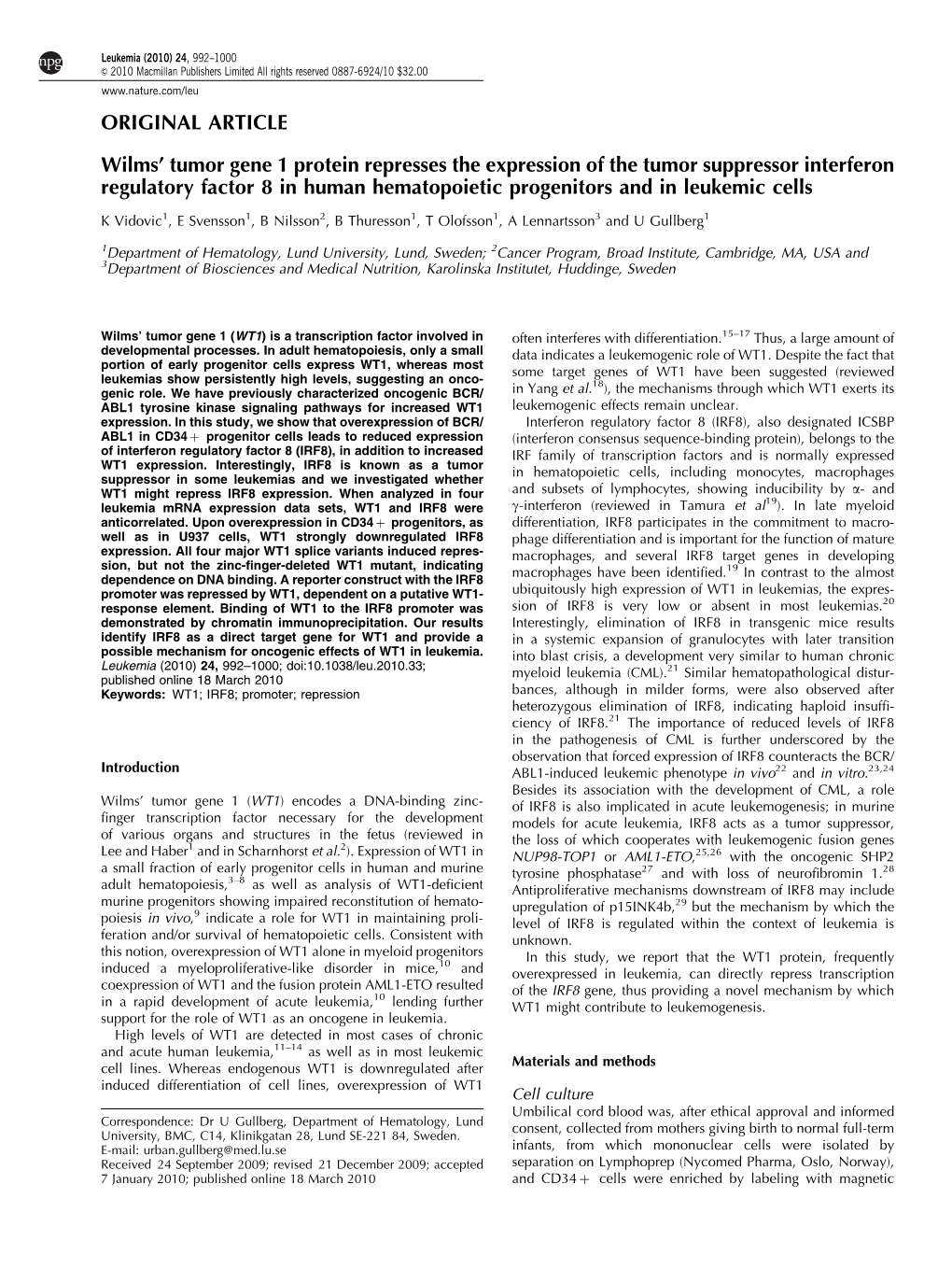 Tumor Gene 1 Protein Represses the Expression of the Tumor Suppressor Interferon Regulatory Factor 8 in Human Hematopoietic Progenitors and in Leukemic Cells