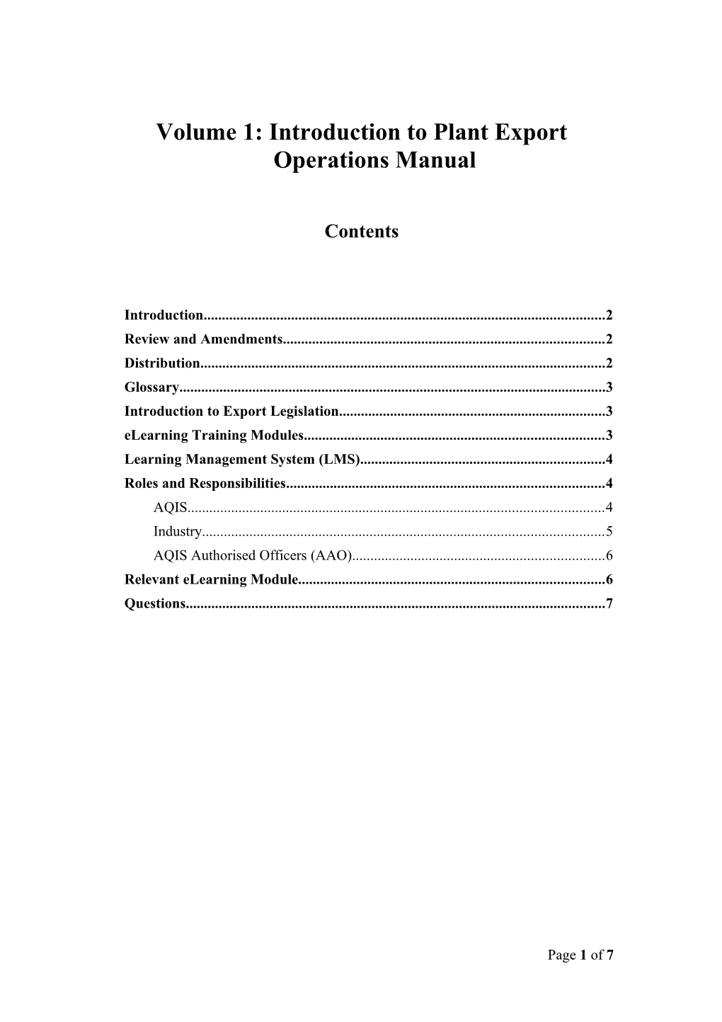 Volume 1: Introduction to Plant Export Operations Manual