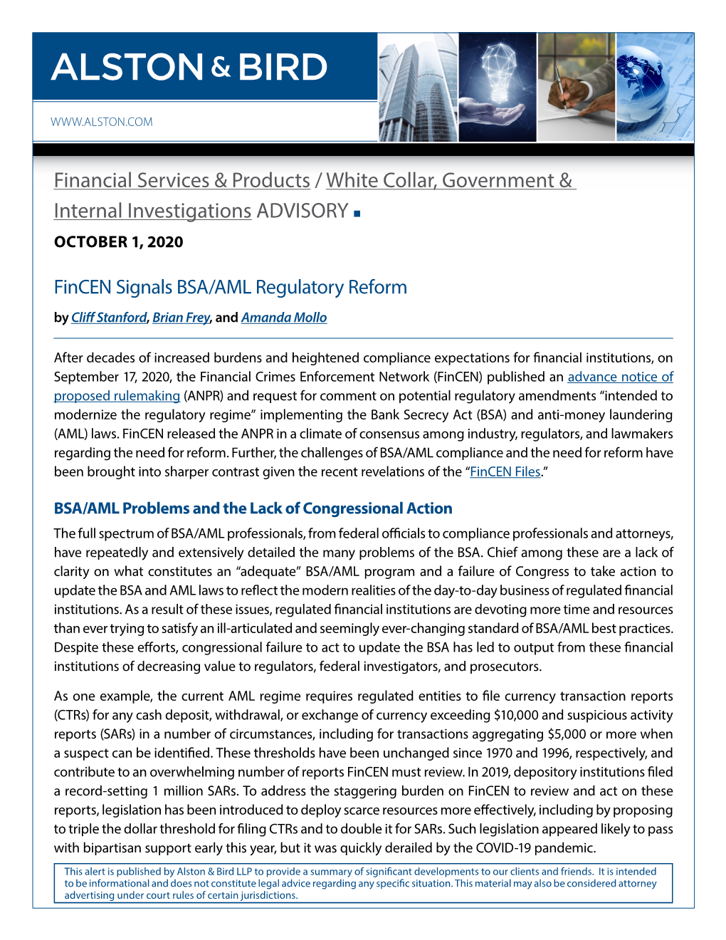 Fincen Signals BSA/AML Regulatory Reform by Cliff Stanford, Brian Frey, and Amanda Mollo