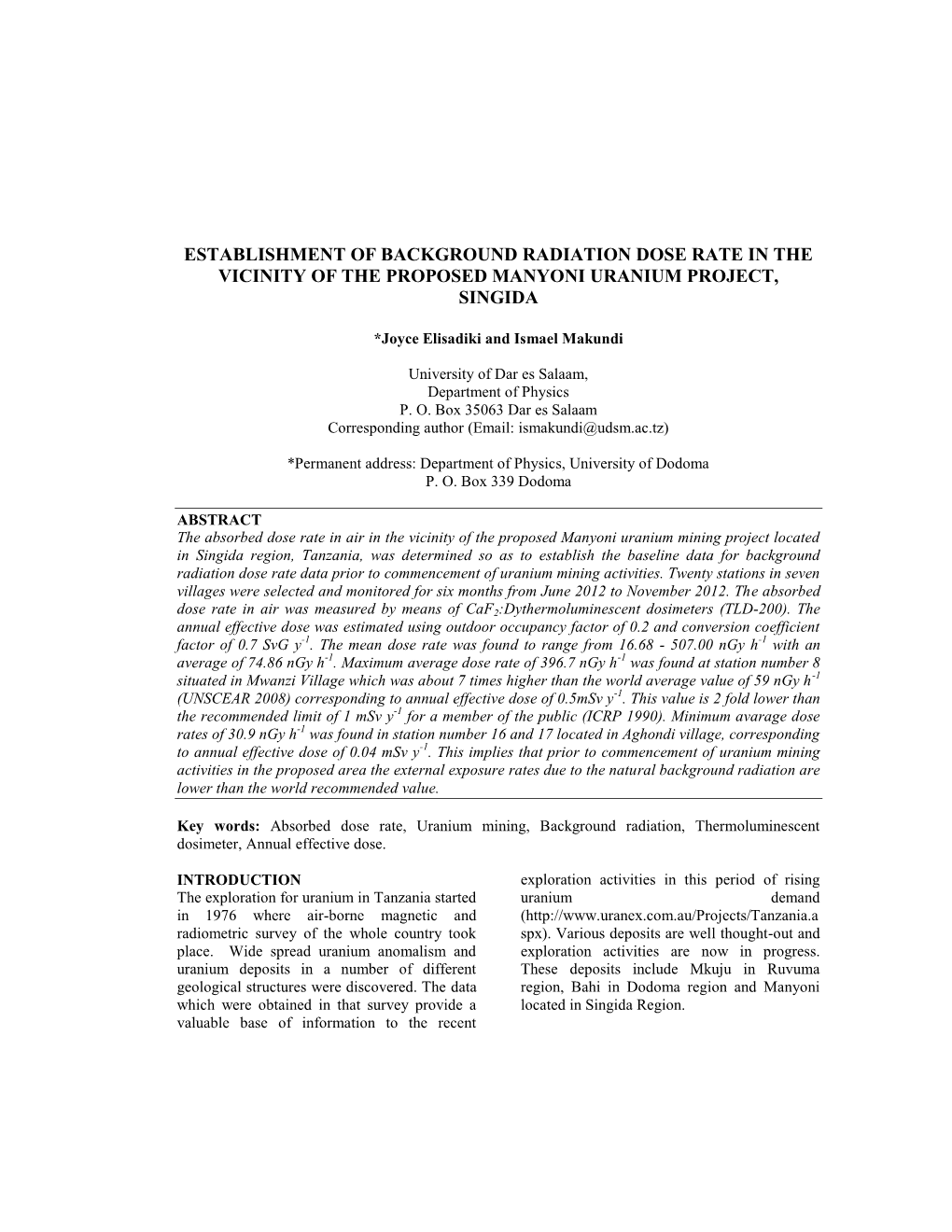 Establishment of Background Radiation Dose Rate in the Vicinity of the Proposed Manyoni Uranium Project, Singida