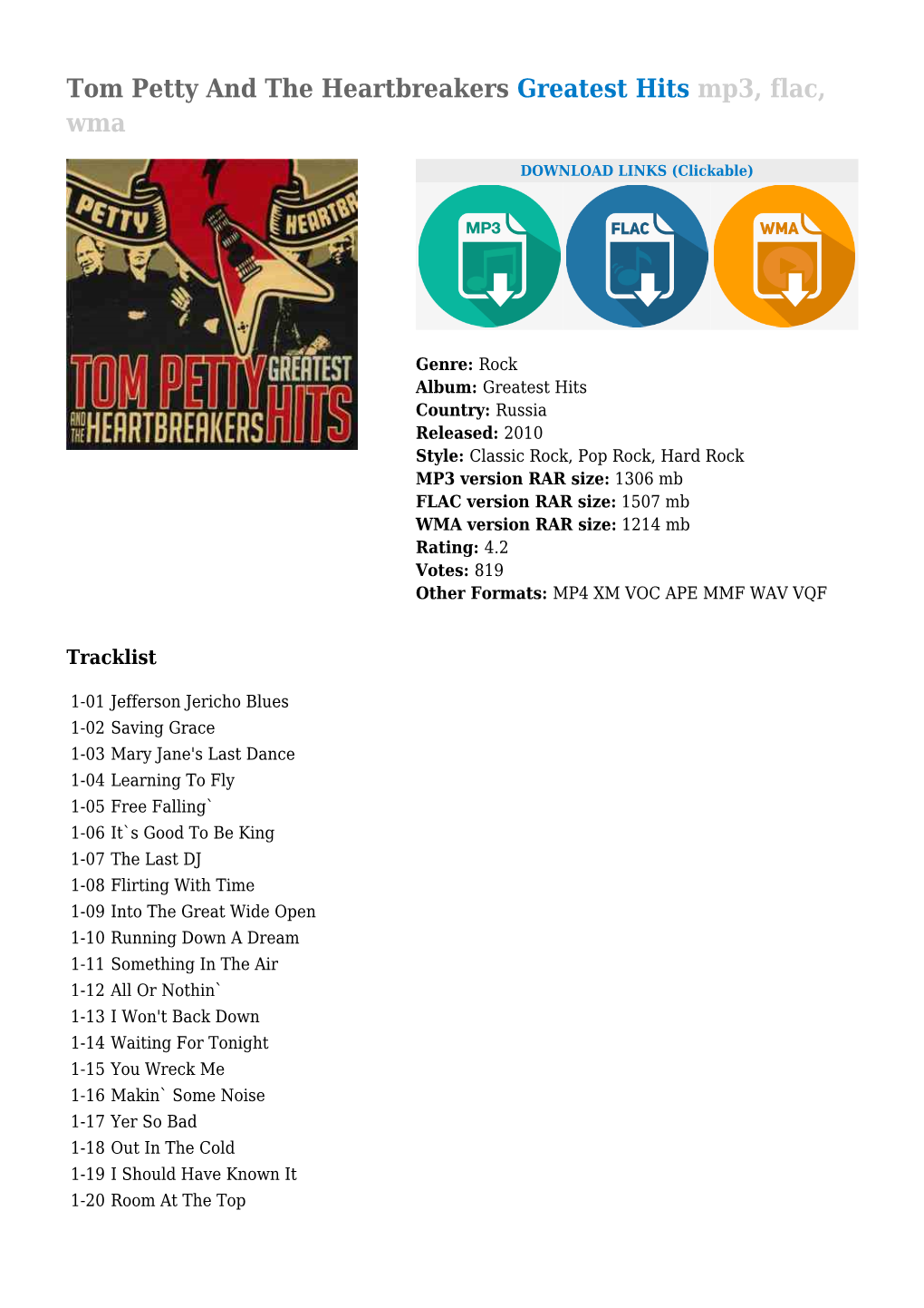 Tom Petty and the Heartbreakers Greatest Hits Mp3, Flac, Wma