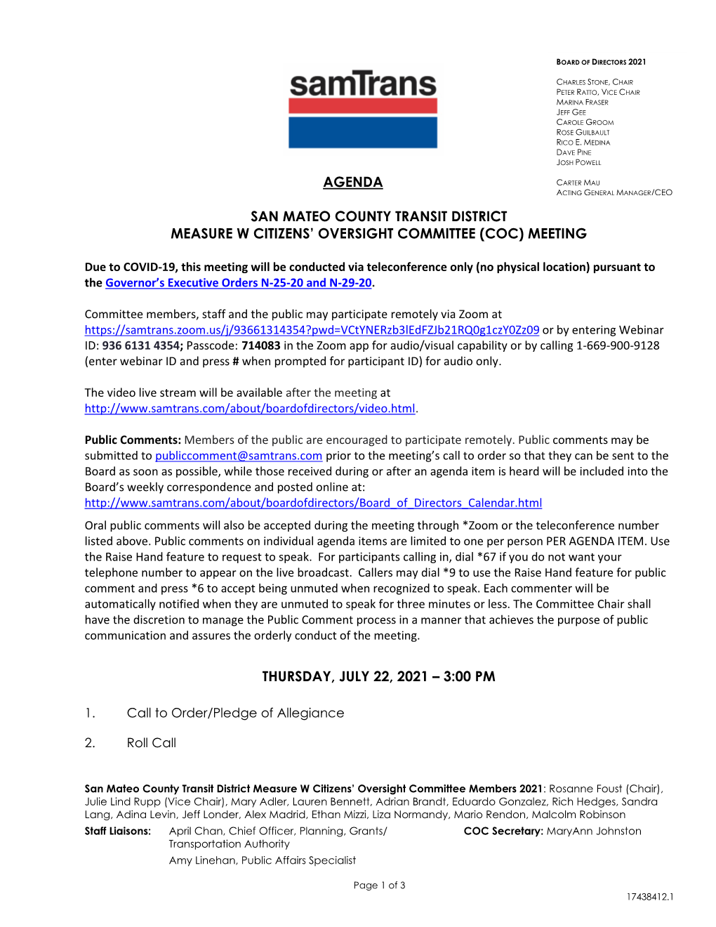 Agenda San Mateo County Transit District Measure W