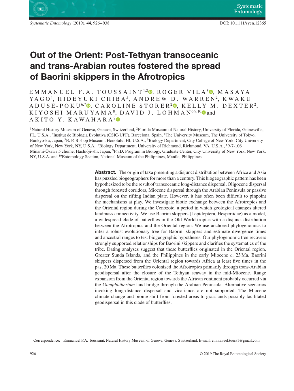 Out of the Orient: Post-Tethyan Transoceanic and Trans-Arabian Routes Fostered the Spread of Baorini Skippers in the Afrotropics