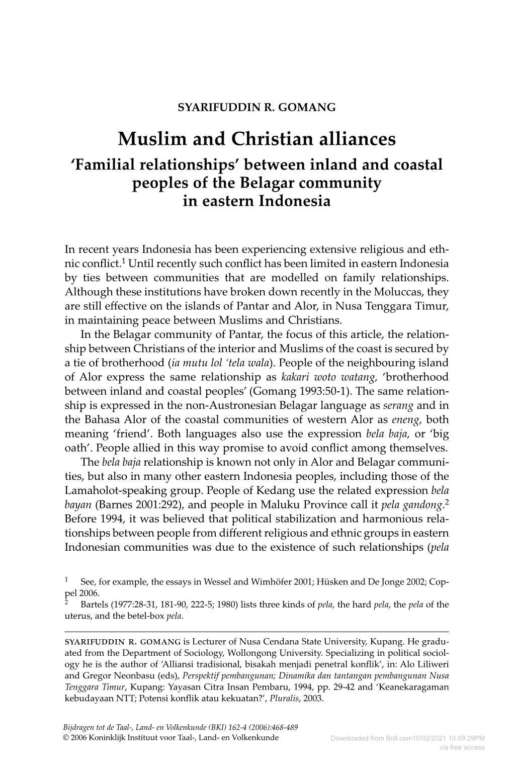 Muslim and Christian Alliances ‘Familial Relationships’ Between Inland and Coastal Peoples of the Belagar Community in Eastern Indonesia