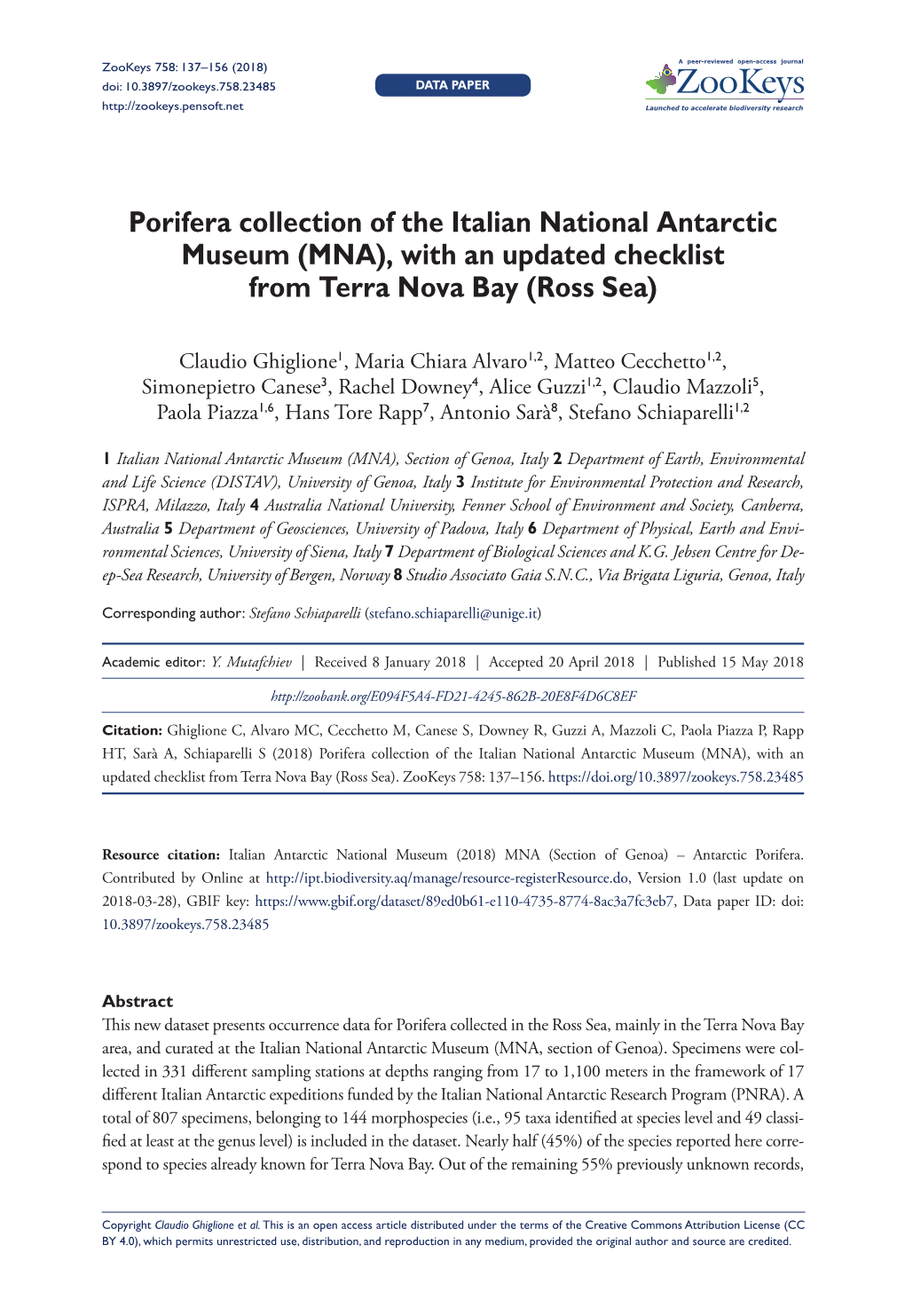 Porifera Collection of the Italian National Antarctic Museum (MNA), with an Updated Checklist from Terra Nova Bay (Ross Sea)