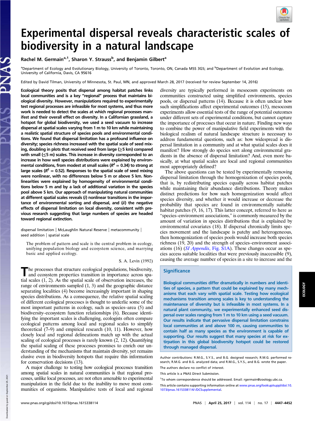 Experimental Dispersal Reveals Characteristic Scales of Biodiversity in a Natural Landscape