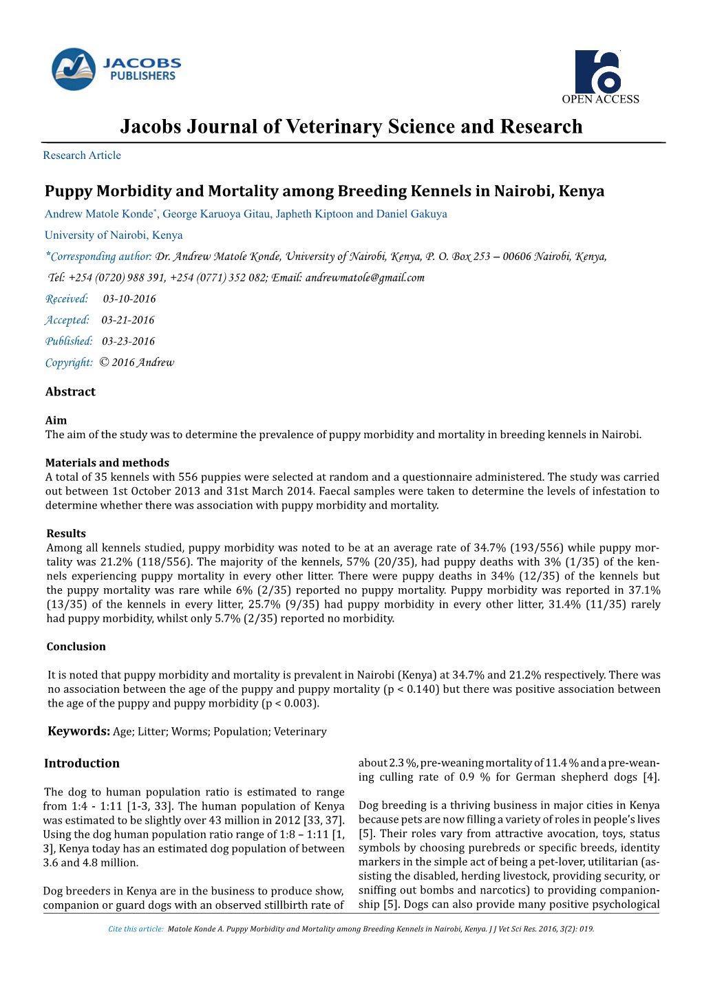 Jacobs Journal of Veterinary Science and Research Research Article