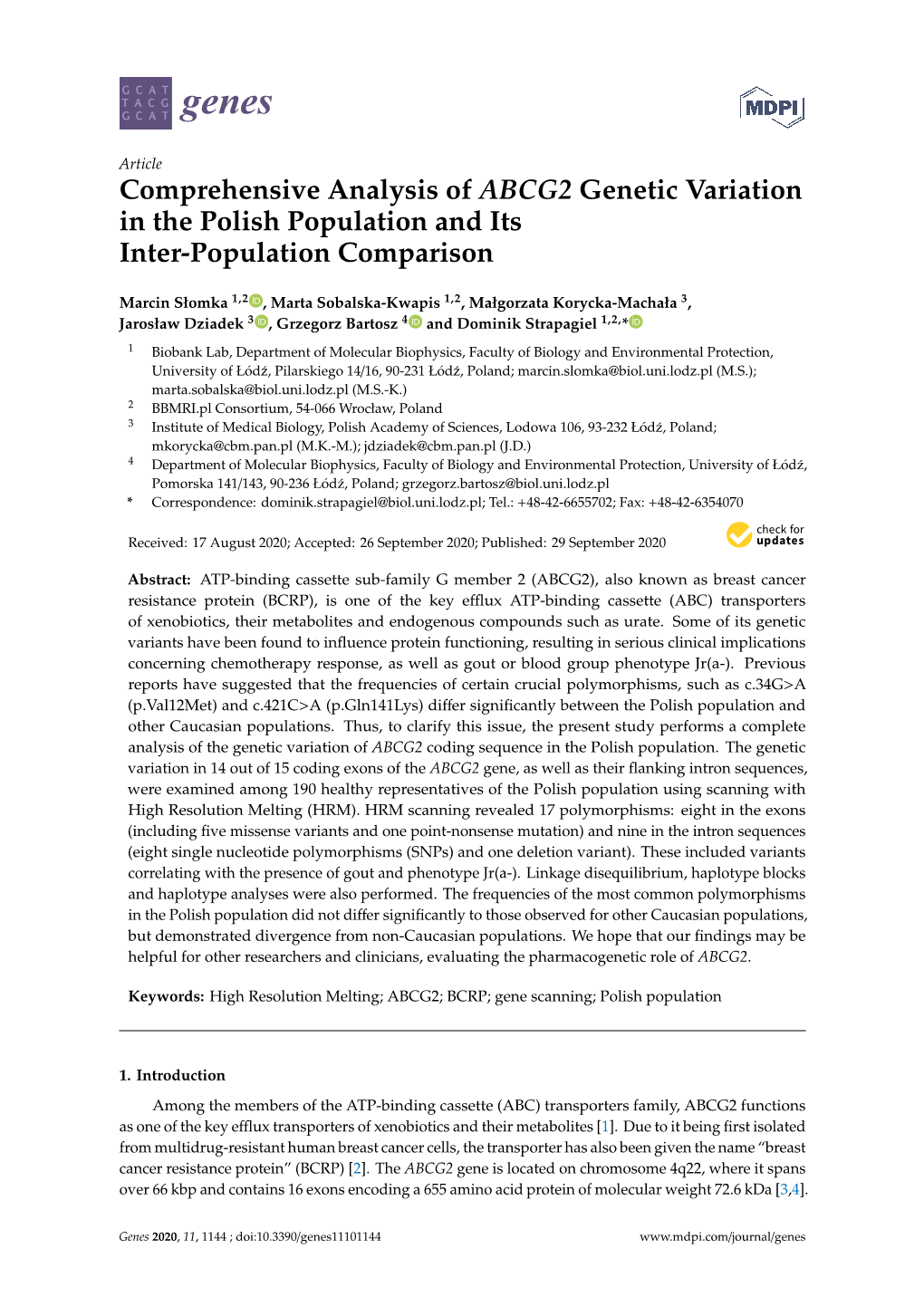 Comprehensive Analysis of ABCG2 Genetic Variation in the Polish Population and Its Inter-Population Comparison