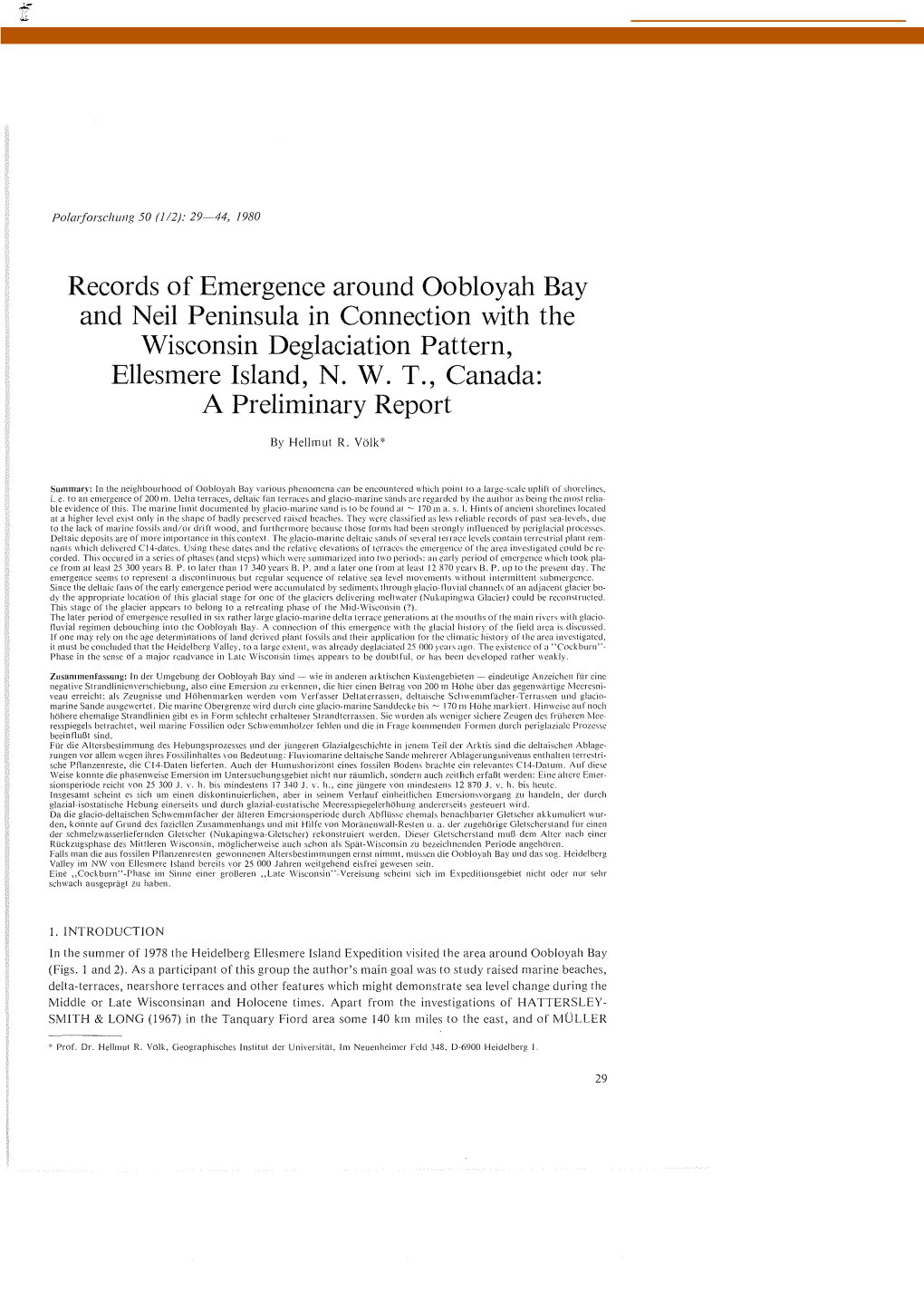 Records of Emergence Around Oobloyah Bay and Neil Peninsula in Connection with the Wisconsin Deglaciation Pattern, Ellesmere Island, N