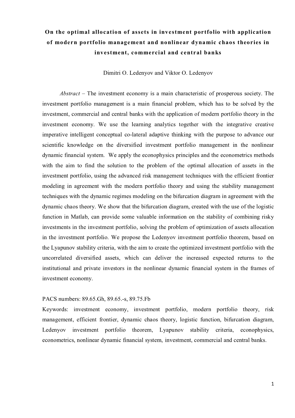 On the Optimal Allocation of Assets in Investment Portfolio with Application