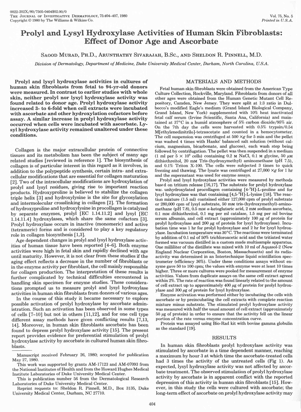 Prolyl and Lysyl Hydroxylase Activities of Human Skin Fibroblasts: Effect of Donor Age and Ascorbate