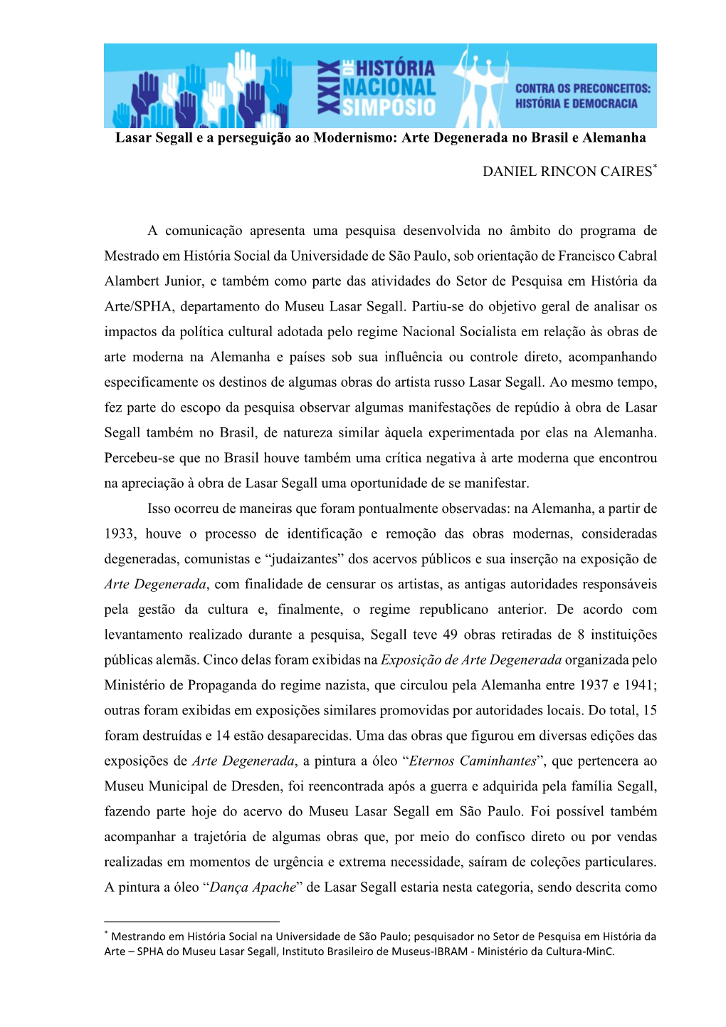 Lasar Segall E a Perseguição Ao Modernismo: Arte Degenerada No Brasil E Alemanha