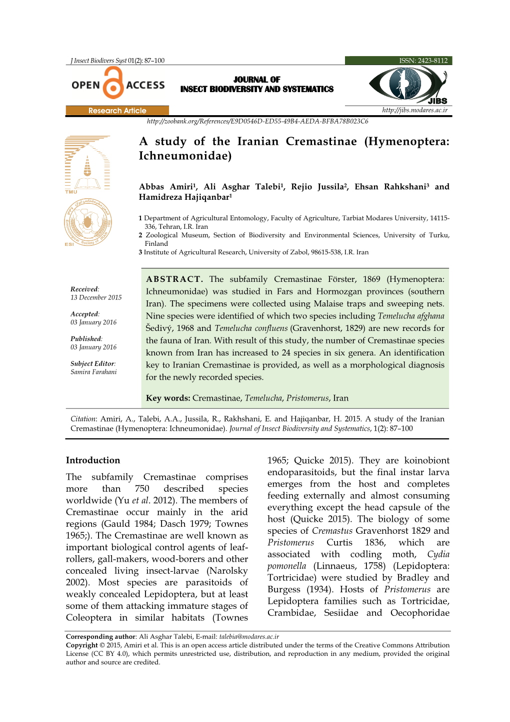 A Study of the Iranian Cremastinae (Hymenoptera: Ichneumonidae)