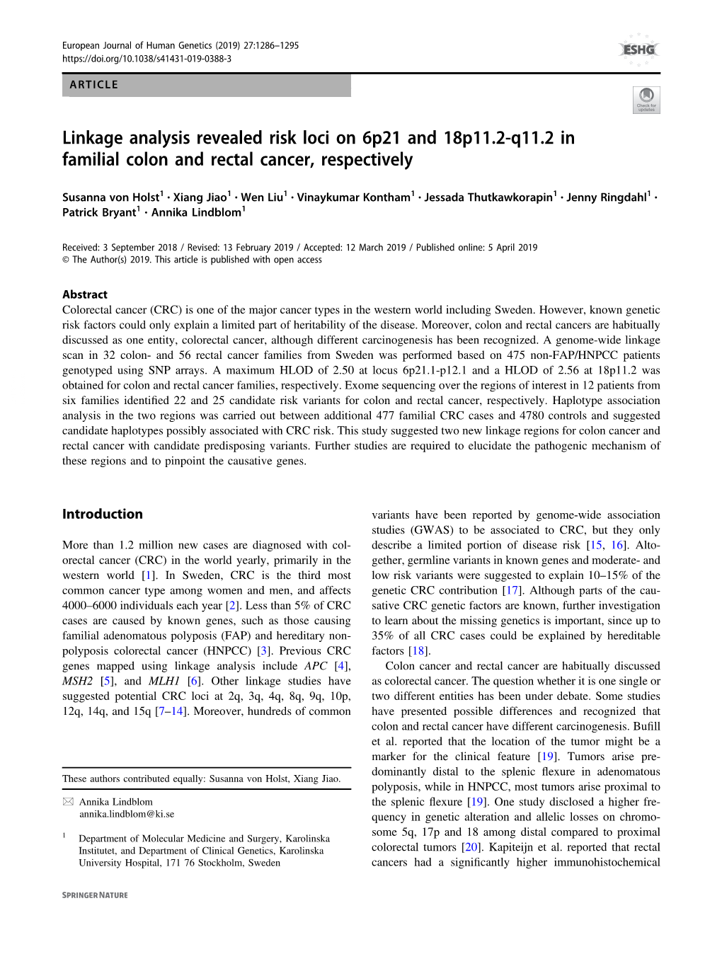 Linkage Analysis Revealed Risk Loci on 6P21 and 18P11.2-Q11.2 in Familial Colon and Rectal Cancer, Respectively