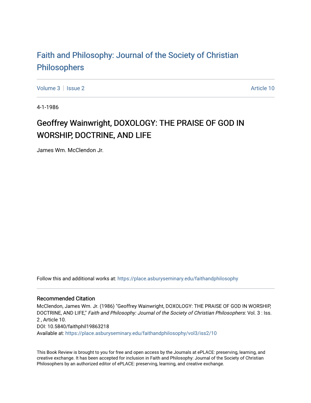 Geoffrey Wainwright, DOXOLOGY: the PRAISE of GOD in WORSHIP, DOCTRINE, and LIFE