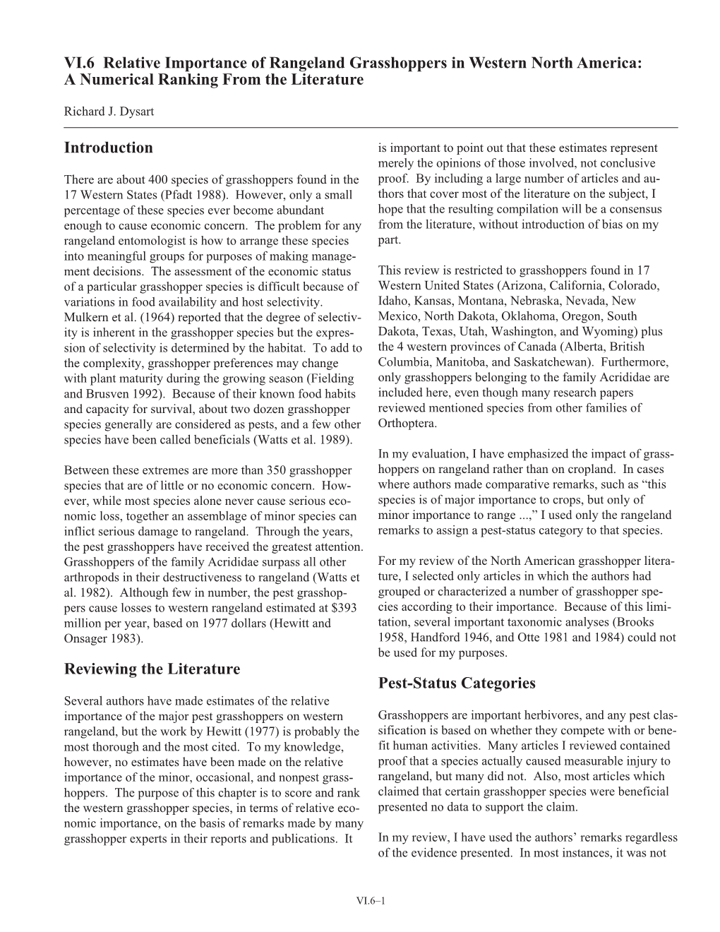 VI.6 Relative Importance of Rangeland Grasshoppers in Western North America: a Numerical Ranking from the Literature
