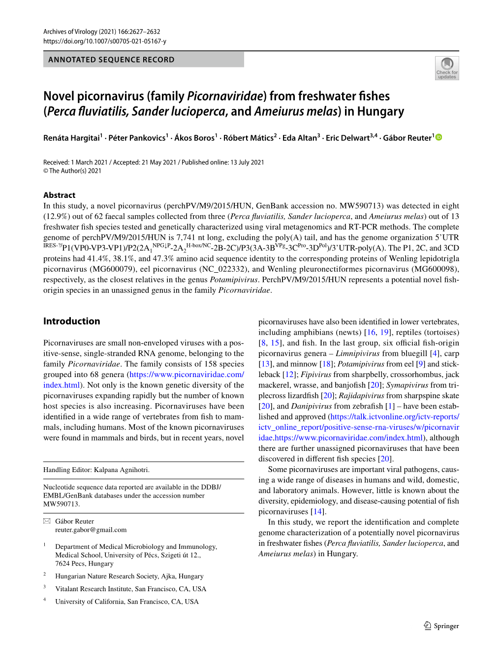 Novel Picornavirus (Family Picornaviridae) from Freshwater Fishes