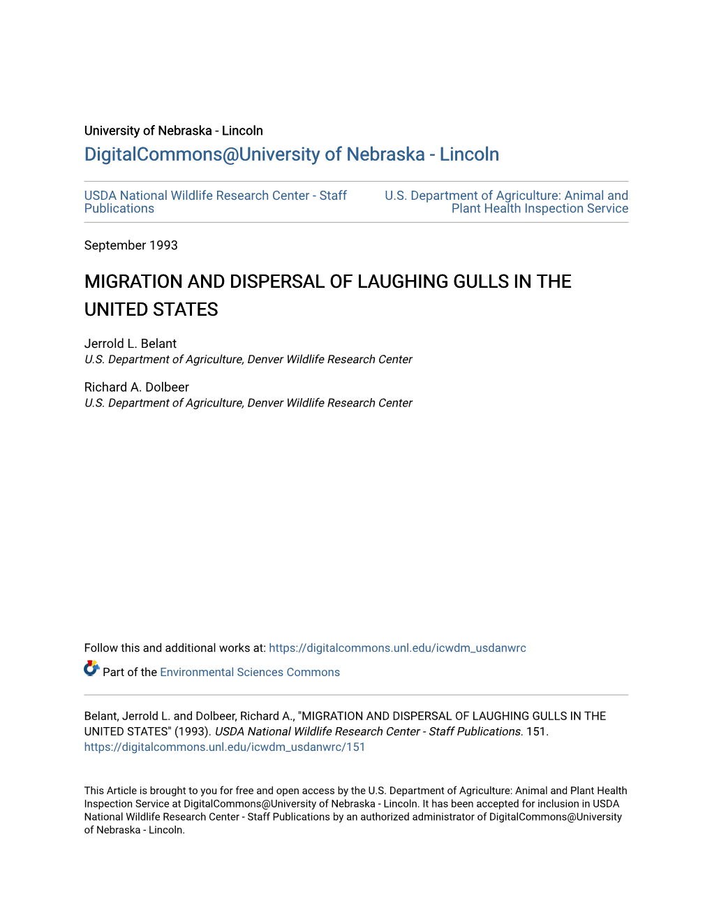Migration and Dispersal of Laughing Gulls in the United States