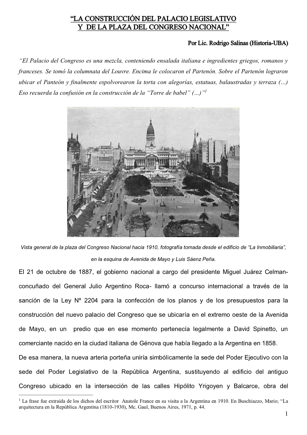 La Construcción Del Palacio Legislativo Y De La Plaza Del Congreso Nacional”