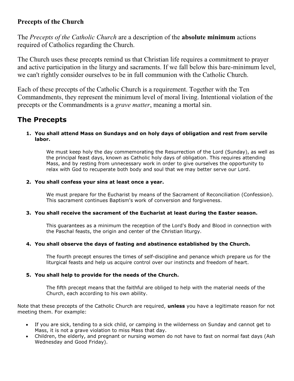 Precepts of the Church the Precepts of the Catholic Church Are A